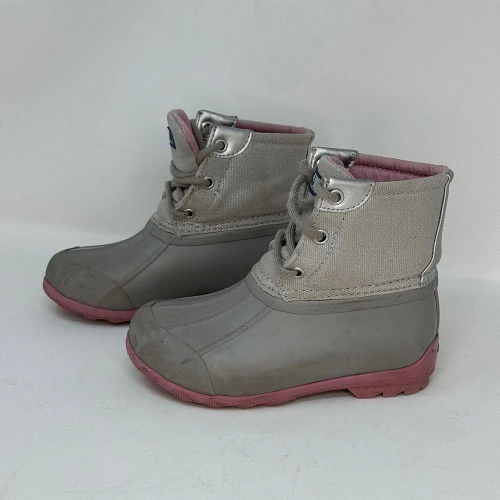 Sperry Port Boot‎ Girls Gray Pink Duck Rain Winter Casual Boots Kids Size 10M